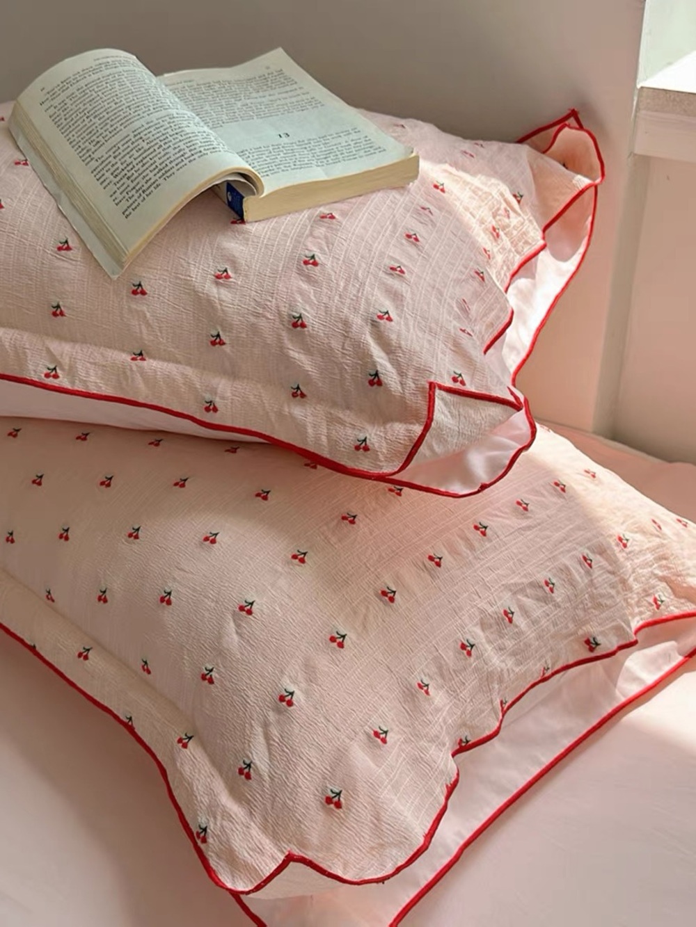 Soft Pink Embroidered Ruffle 4 Pieces Bedding Set with Red Trim - Picture 4 of 4